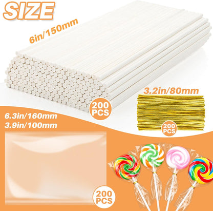 RAINFLOW 600 Pcs Cake Pop Sticks and Wrappers Kit - Lollipop Sticks and Wrappers Including 200ct Cake Pop Stick, 200ct Treat Bags, 200 Pcs Twist Ties for Cakepop, Lollipop, Candy, Chocolate