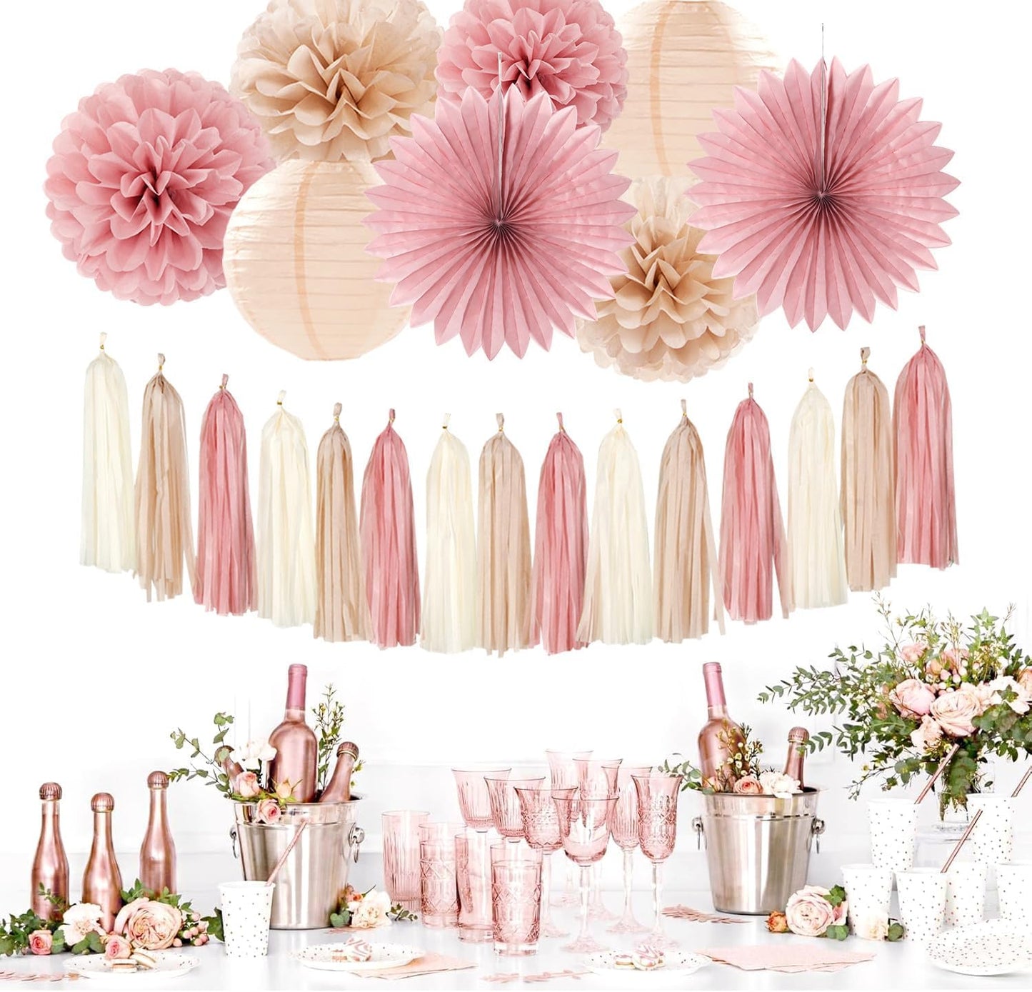 Champagne-Gold Beige Fall Baby-Shower Party-Decorations - 36pcs Welcome Home Banner Sign,Neutral Paper Lanterns,Girl Streamers Garland,Boho Hanging Tissue Pom Poms Flowers Fans Backdrop Decor Burgleda