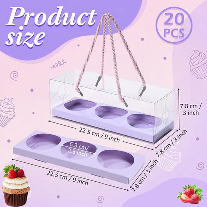Thenshop 20 Pcs 9 x 3 x 3 Inch Clear Cupcake Boxes with Handle and Inserts 3 Count Portable Pastry Packaging for Cupcakes Carrier Muffin Bakery Containers Mothers Day Wedding Party(Brown)