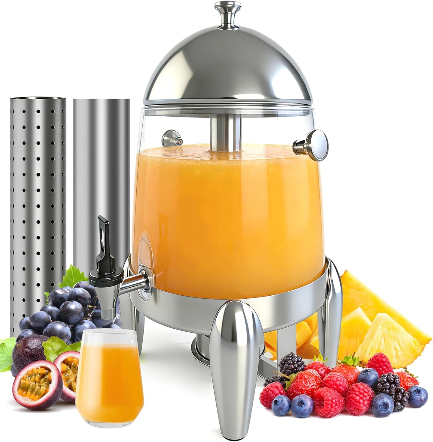 Beverage Dispenser with Stand,2 Gallon Drink Dispenser for Parties,Events,Buffet &Self-Serve,Dual Ice Tube Core Fruit Infuser,Leakproof Spigot,Clear PC Container,Stainless Steel Lid&Base