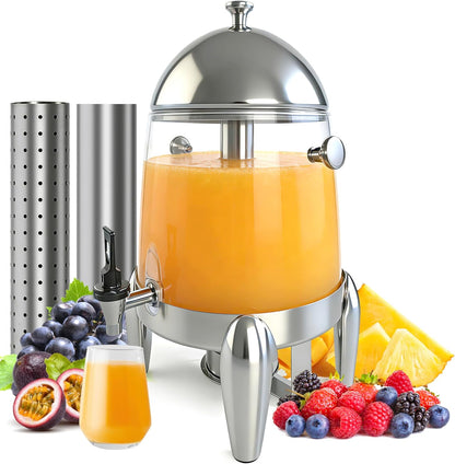 Beverage Dispenser with Stand,2 Gallon Drink Dispenser for Parties,Events,Buffet &Self-Serve,Dual Ice Tube Core Fruit Infuser,Leakproof Spigot,Clear PC Container,Stainless Steel Lid&Base