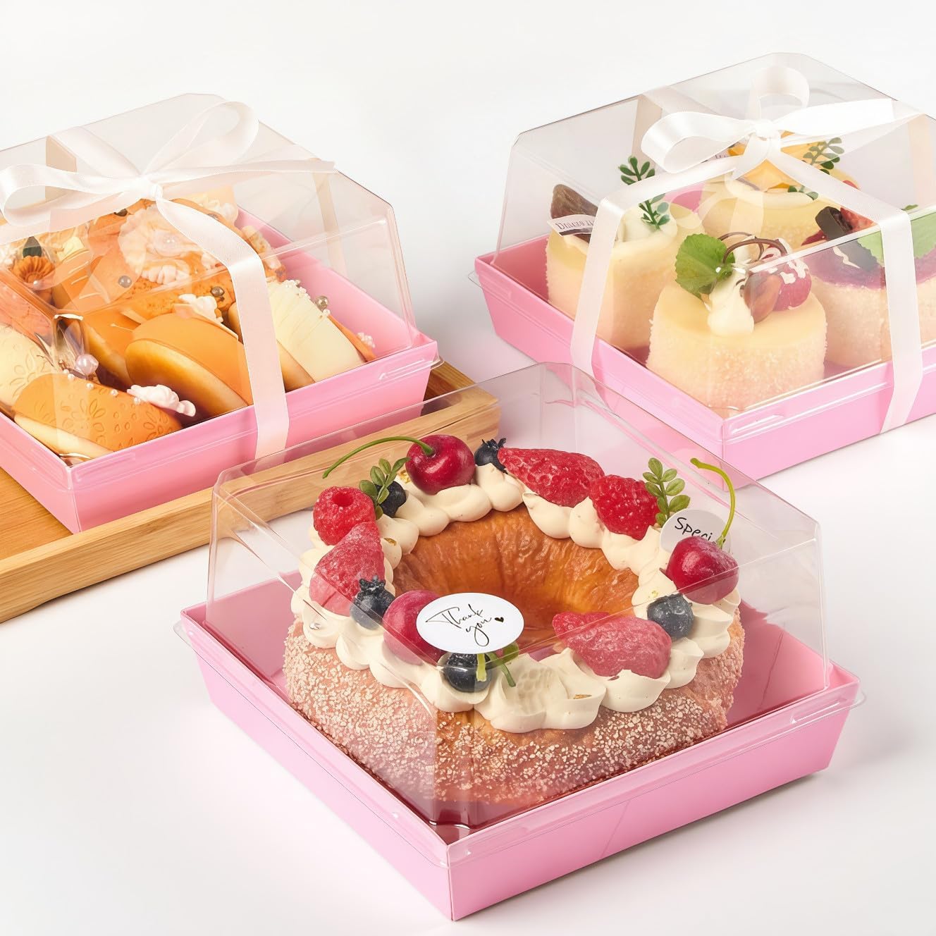 Ocmoiy 7x7x4 Inches White Paper Cake Boxes with Clear Lids for 6 Inch Cakes, 20 Pack Square Disposable Cake Bakery Take Out Containers, To Go Dessert Boxes