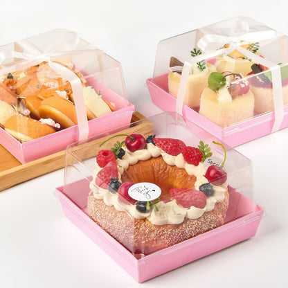 Ocmoiy 7x7x4 Inches White Paper Cake Boxes with Clear Lids for 6 Inch Cakes, 20 Pack Square Disposable Cake Bakery Take Out Containers, To Go Dessert Boxes