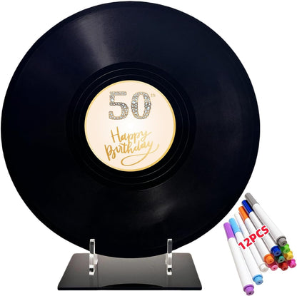 REEGII Vinyl Record Style Birthday Guest Book for Birthday Decorations - Large 11.6"x11.6" Sign-In Poster with 12 Pens | Unique Keepsake Gift for Birthday Party Decor (Happy Birthday, Golden, 11.6"L x 11.6"W)