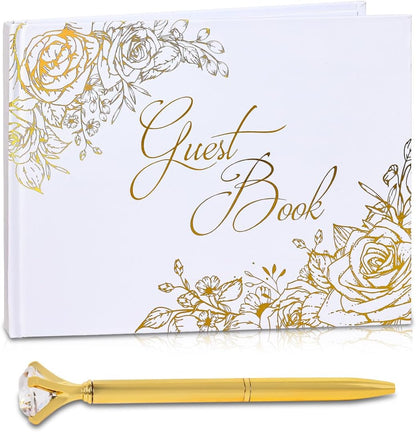 VIRIDI Wedding Guest Book with a Pen Gold,Guest Book Wedding Reception 9 × 6.7 inches, Gold Foil Hardcover GuestBook for Baby Shower, Graduation, Birthdays