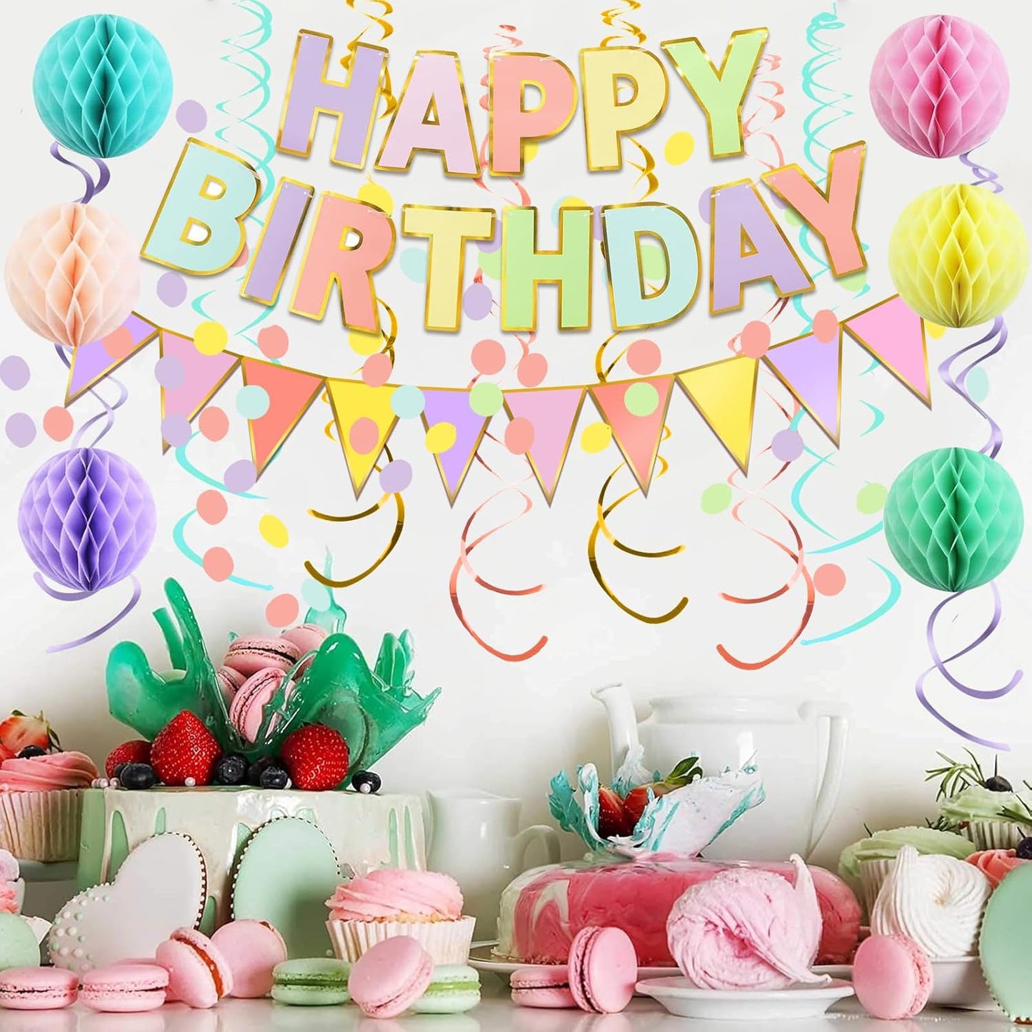 Fecedy Happy Birthday Banner With Colorful Paper Flag Bunting Paper Circle Confetti Garland Swirl Streamers Honeycomb ball for Birthday Party Decorations
