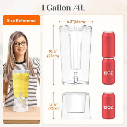 Lifewit 1 Gallon Drink Dispenser for Parties 2 Pcs, Plastic Beverage Container for Juice/Tea/Soda with Stand & Ice Core, Clear Lemonade Dispenser with Spigot, BPA Free Water Pitcher 39 x 16 cm/15x6"