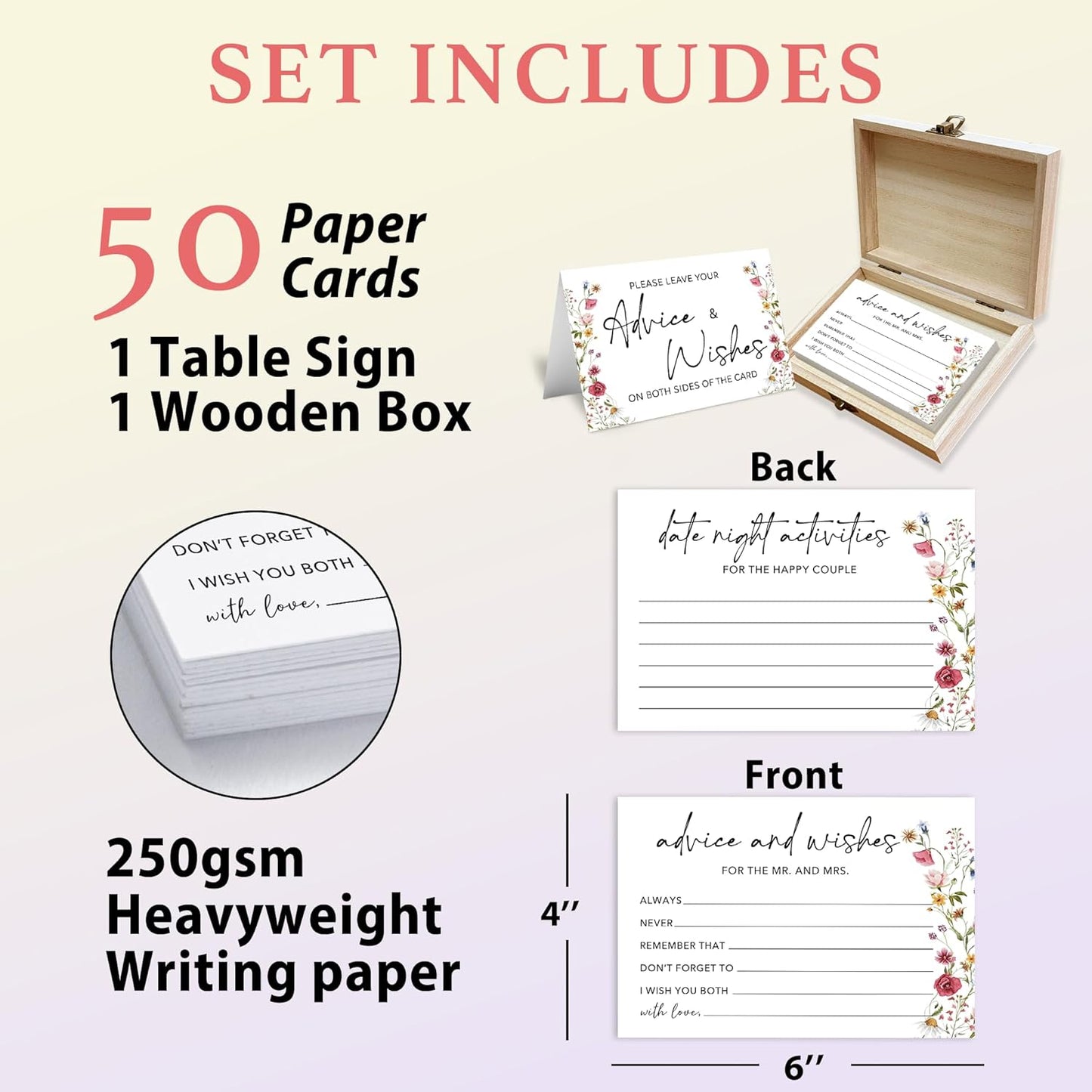 Boho Advice and Wishes for the Mr and Mrs - 50 Packs Wedding Advice Cards Bridal Shower Game Cards with Box Reception Guest Book for Bride Groom Newlywed Engagement Party Decoration -A08