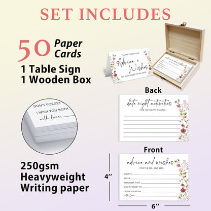 Boho Advice and Wishes for the Mr and Mrs - 50 Packs Wedding Advice Cards Bridal Shower Game Cards with Box Reception Guest Book for Bride Groom Newlywed Engagement Party Decoration -A08