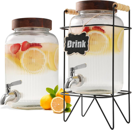1 Gallon Glass Beverage Dispenser with Stainless Steel Spigot and Lid, Iced Tea Lemonade Juice Dispenser with Stand for Parties, Rust-Proof Drink Dispenser for Fridge, Easy to Clean