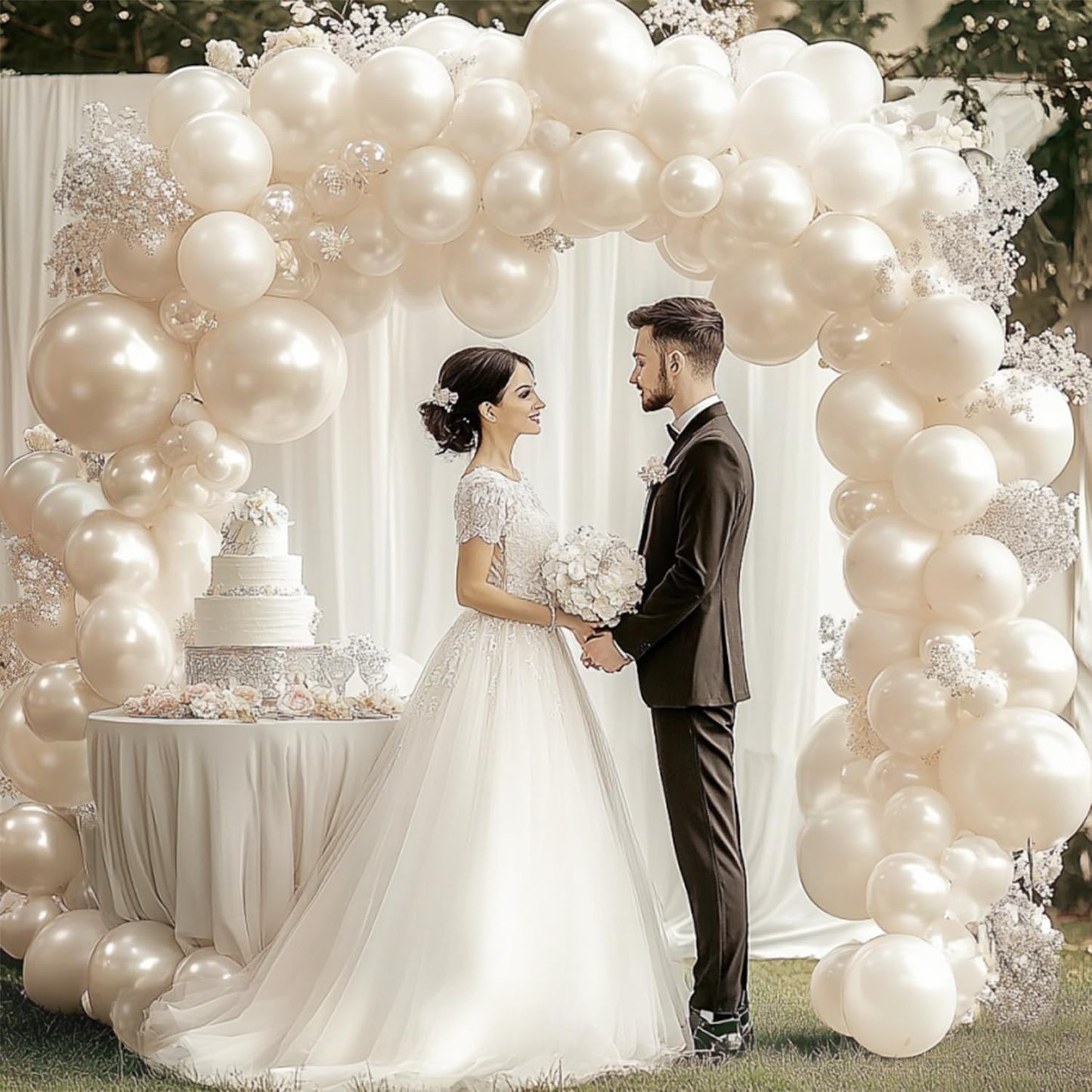 Pearl White Balloon Arch Kit,Double Stuffed Pastel White Cream Ivory Balloons Garland Kit Different Sizes 18/12/10/5 inch White Latex Balloon for Wedding Birthday Bridal Shower Party Decorations