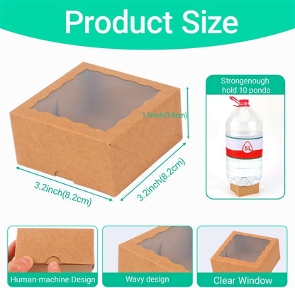 RomanticBaking 3 ¼" x 3 ¼" x 1 ½" 50PCS Chocolate Truffle Boxes for 4，Cookies Boxes Mini Bakery Boxes with Window for Brownie,Soap,Donut