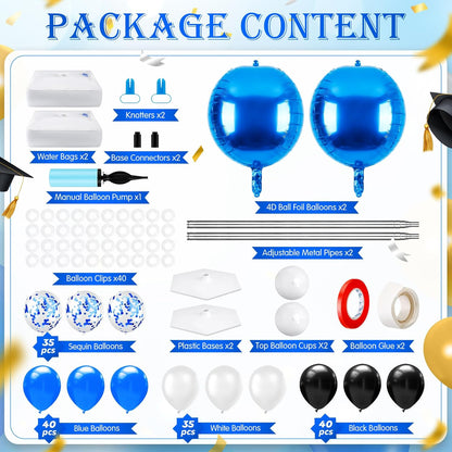 2 Sets Blue and Black White Graduation Balloon Column Stand Kit for Class of 2026, Adjustable Floor Balloon Arch Tower with Foil & Latex Balloons, DIY Decor for Grad Ceremony Backdrop