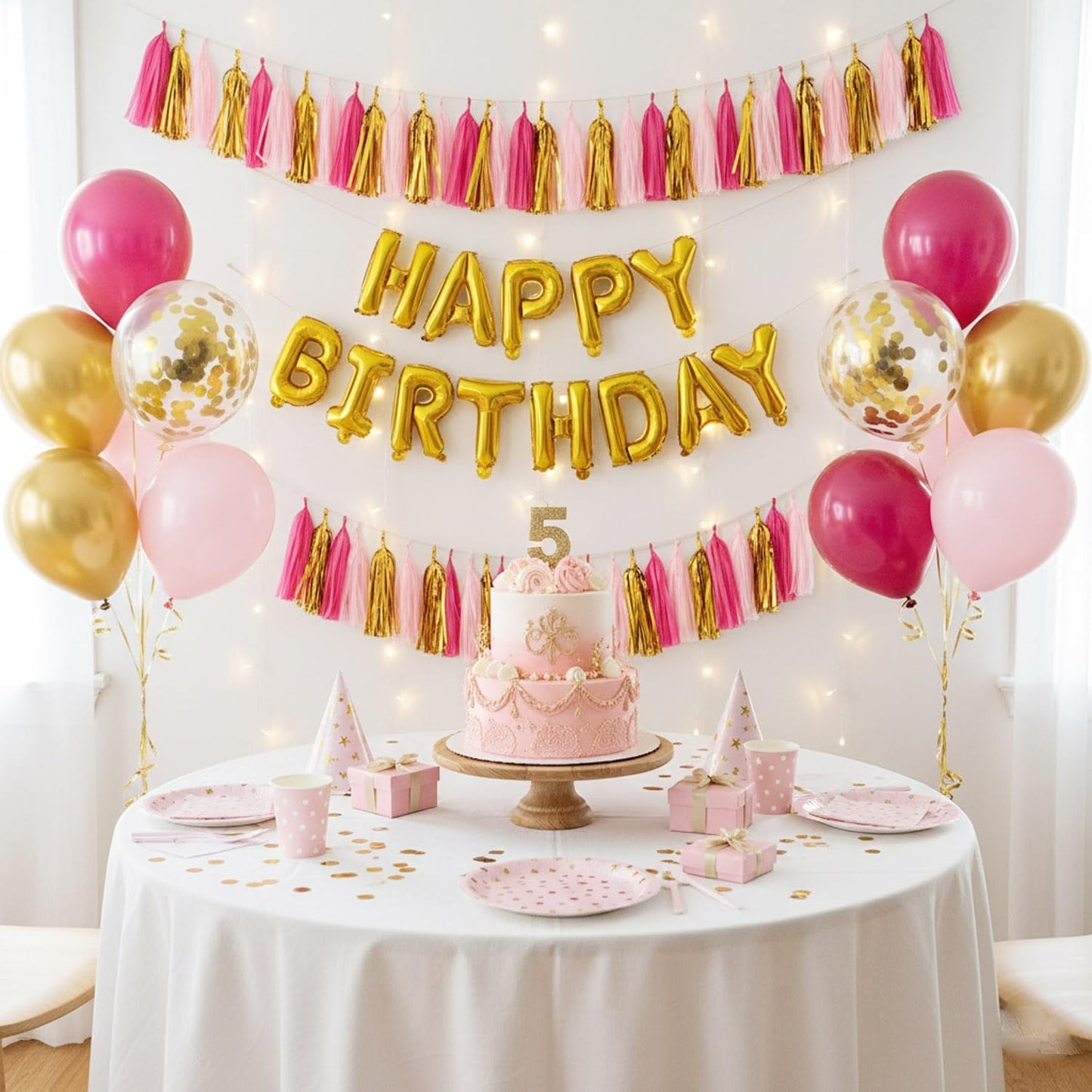Pink and Gold Tassel Garland,Paper Tassel Banner,Table Decor,Pink and Gold Tissue Tassels Party Decor Supplies for Party,DIY Kits - (15 PCS)