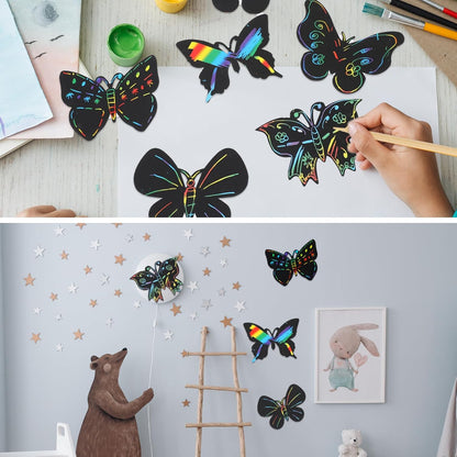 KALIONE 36 PCS Butterfly Scratch Cards Scratch Art Butterfly Party Favors Party Craft Butterflies Crafts for DIY Crafts Birthday Party Halloween Christmas, 12 Styles Bamboo Stylus Included