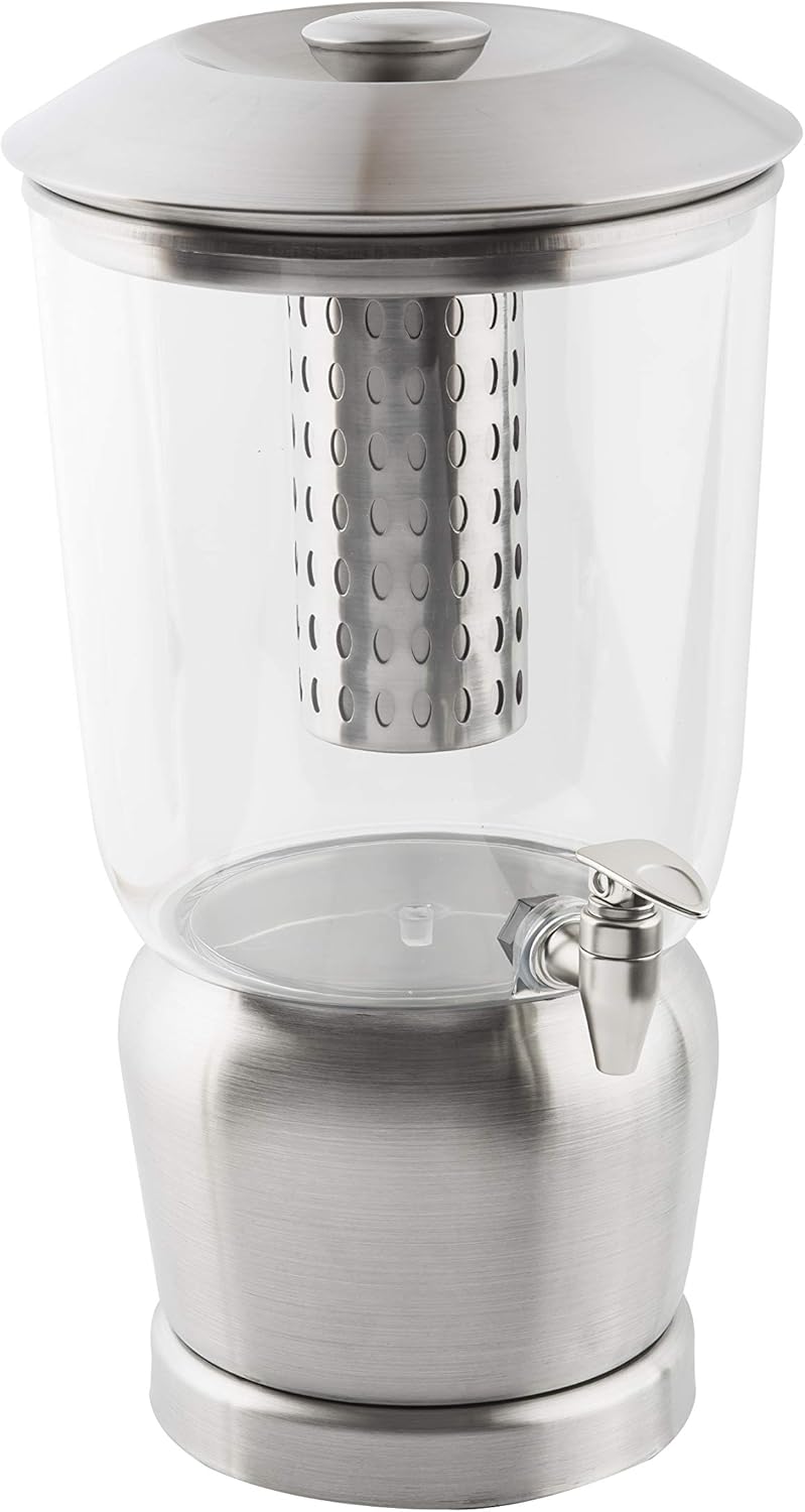 TableCraft 75 Upscale 2.5 Gallon Drink Dispenser with Fruit Infuser & Stand, Tritan & Brushed Stainless Steel, Cold Beverage Dispenser for Catering and Home Use