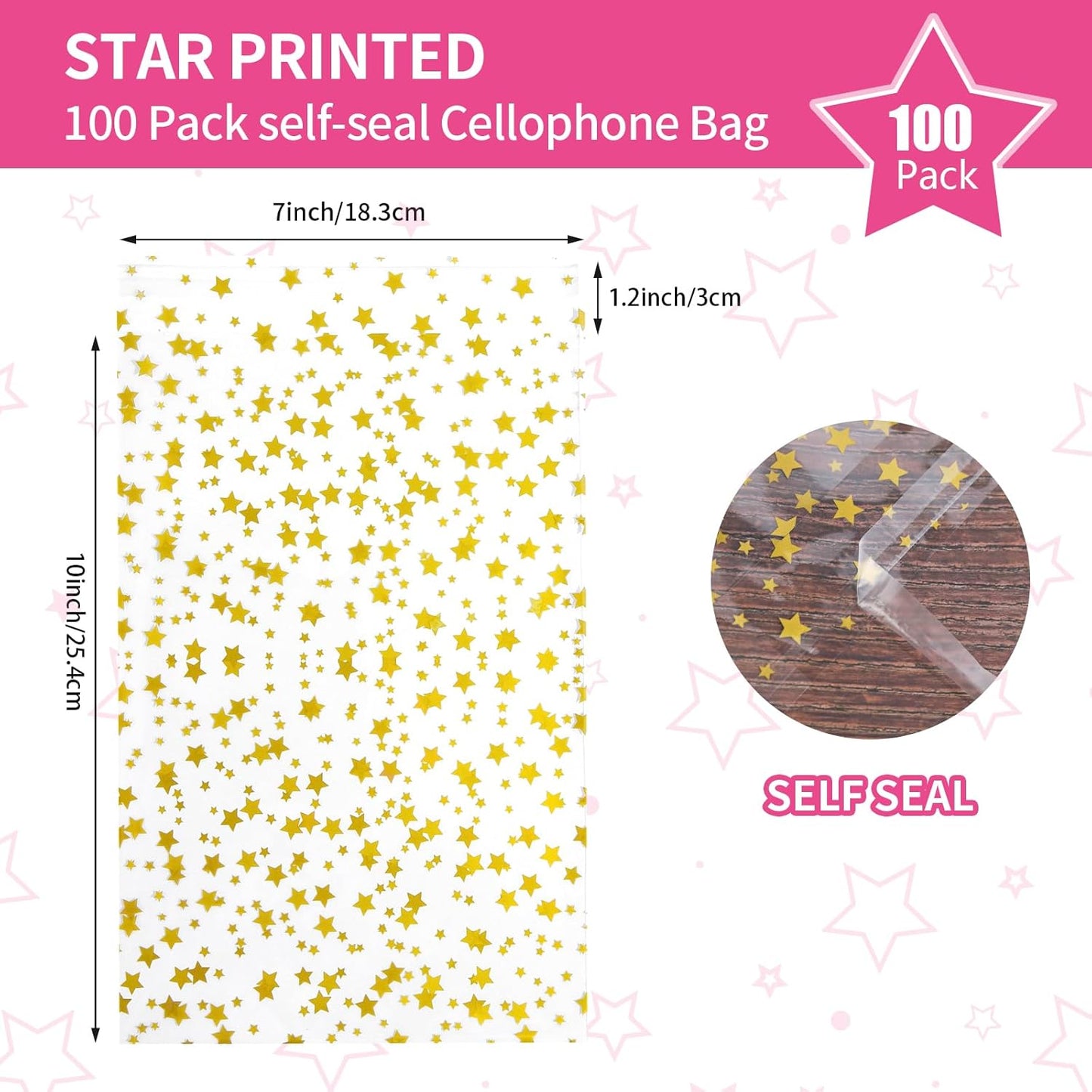 100 Pcs Star Printed 5"X 7" Gift Wrap Cello Cellophane Treat Bags Party Favor bags Clear Candy Cookie Bag Plastic Poly Goodie Storage Bag with Twist Ties for Bakery,Birthday, Wedding ,Party Decorations (Gold)