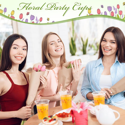 Hushee 60 Pcs Purple Floral Cups with Spring Summer Flower 16 oz Wildflowers Plastic Disposable Drinking Cups for Summer Spring Birthday Baby Shower Wedding Party Supplies