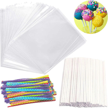 300PCS Lollipop Cake Pop Treat Bag Set Including 100pcs Parcel Bags, Papery Treat Sticks, Gold Metallic Twist Ties for Making Candies, Chocolates and Cookies
