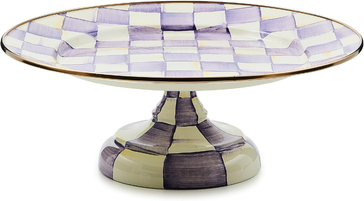 MACKENZIE-CHILDS Enamel Pedestal Platter, Round Cake Stand, Large, Black-and-White Courtly Check