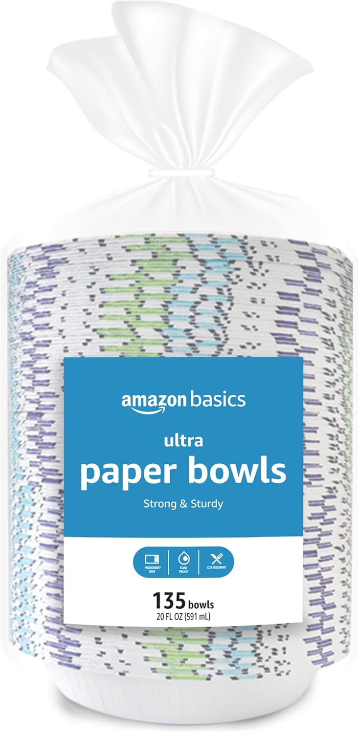 Amazon Basics Ultra Disposable Paper Bowls, 20 Oz, Microwave Safe, Soak Proof, Strong & Sturdy, White, 50 Count