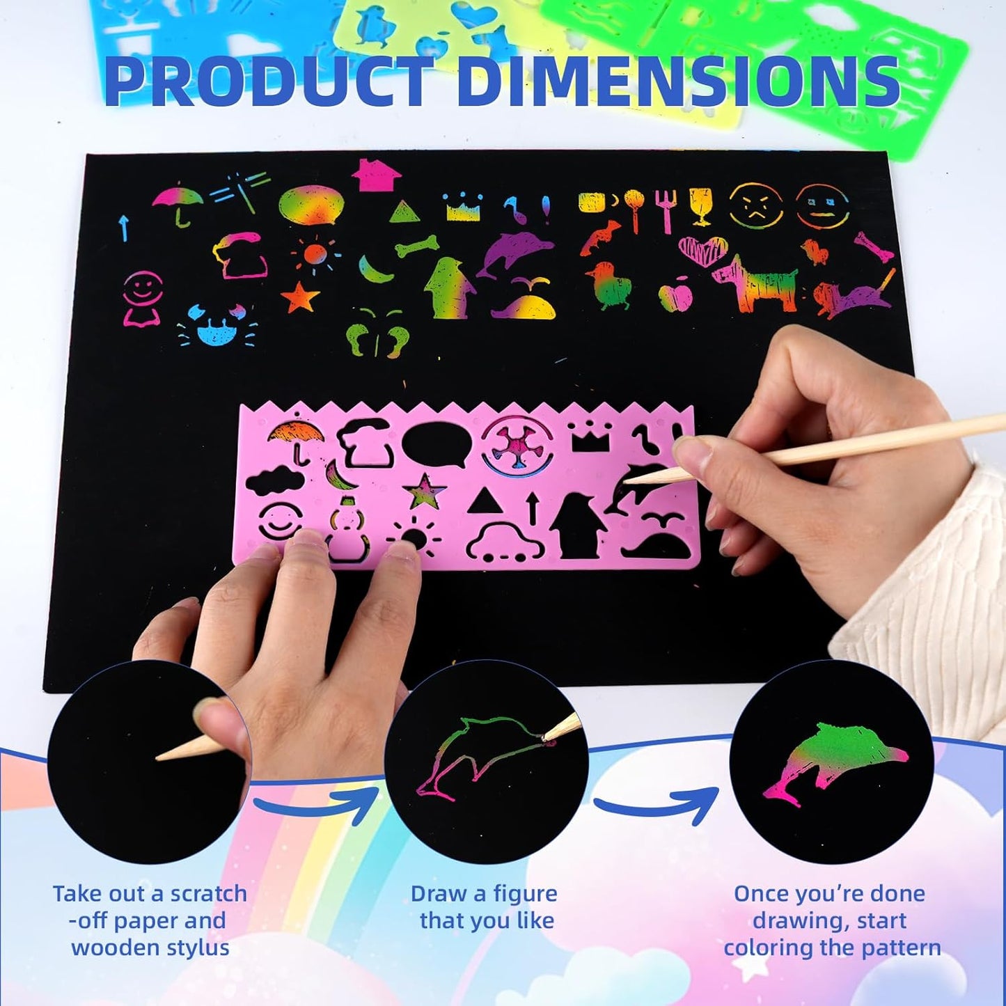 Scratch Paper Art Crafts 7.5” x 5.5” 52 Pieces Rainbow Color Scratch Off Paper Book Ideal for Birthday Christmas Party Gift Help Focus Practice Hands (SP139)