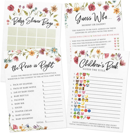 Printed Party Baby Shower Games for Girl – 4 Games and Activities for 30 Guests, Includes Bingo, Price is Right, Mommy or Daddy Trivia, and Storybook Title Guessing, Wildflower Baby in Bloom Design