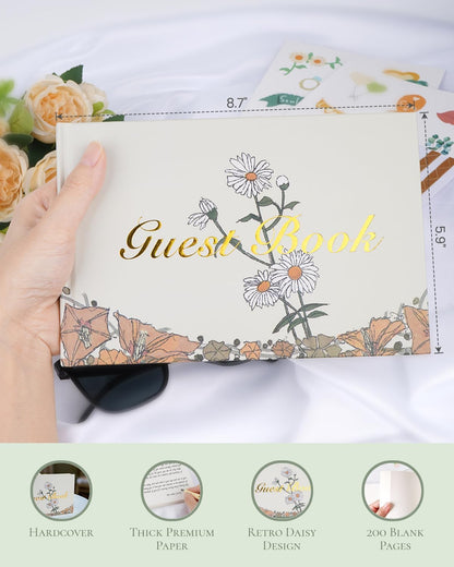 Guest Book for Wedding Reception, Party, Birthday, Polaroid GuestBook Retro Elegant Daisy Guest Sign In Book, Anniversary Sign Book Alternatives, 200 Blank Pages(100 sheets), 8.7"x5.9"