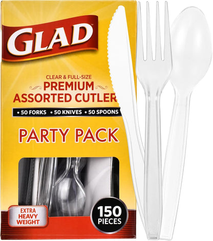 Glad Clear Disposable Cutlery Set with Heavy Duty Plastic Forks, Knives, and Spoons, Reusable Dishwasher Safe Plastic Utensils for Parties and Everyday Use, 240 Count