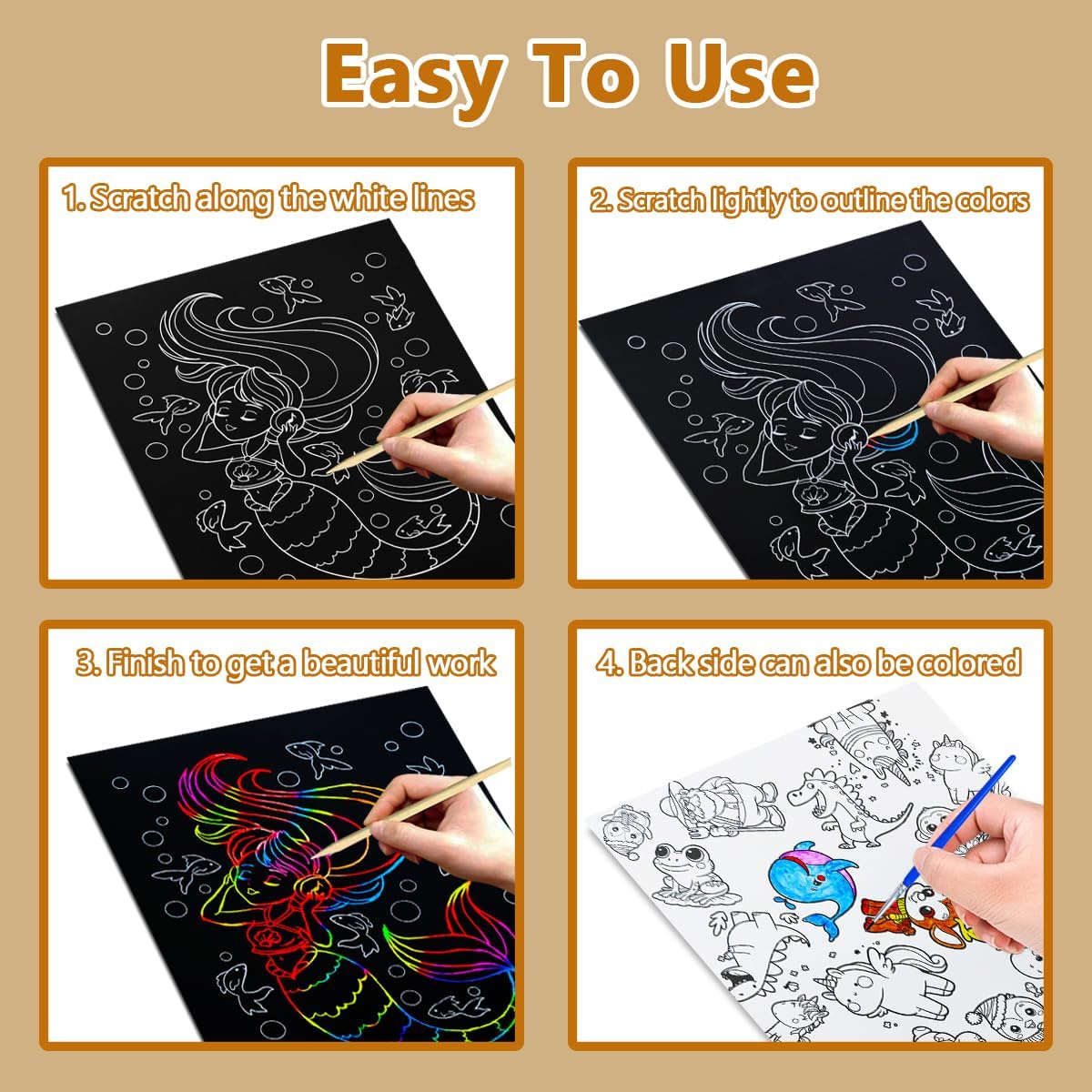 BAOXUE Scratch Art for Kids, Mermaids Black Rainbow Scratch Paper Set-Arts And Crafts & Supplies, DIY Activity & Party Games, Mermaid Toys Gifts for Toddlers, Girls