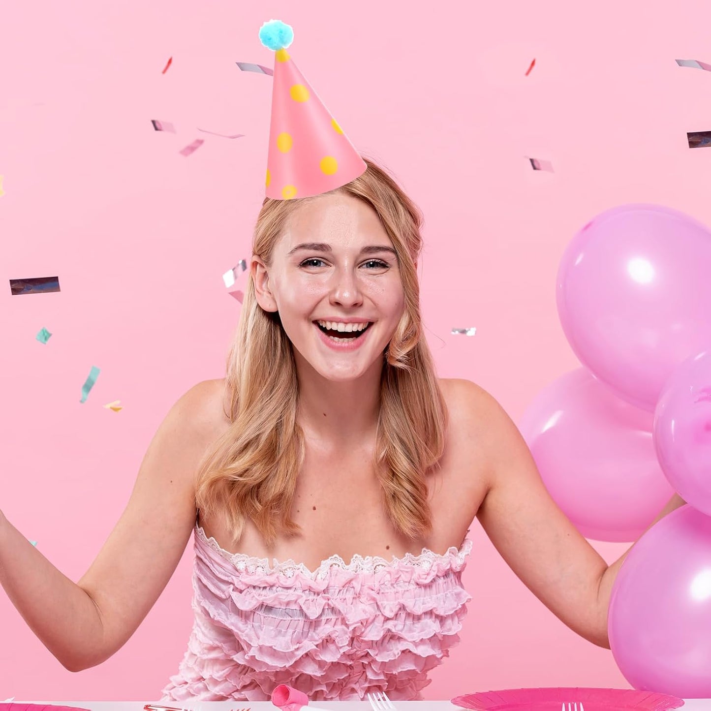 10 PCS Birthday Party Hats for Kids Adults, DIY Cone Hat with Pom Poms, Birthday Hats for Toddler Boys Girls, Paper Party Hat Fun Photo Props Baby Shower Celebration