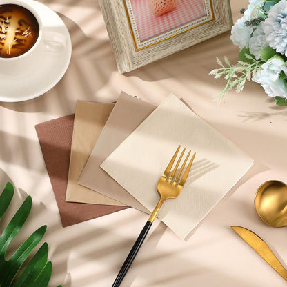 Layhit 100 Pcs Cocktail Napkins Disposable Beverage Napkins Square Paper Dessert Tissue for Wedding Birthday Celebration Party Supplies(Brown Series,5 x 5 Inch)