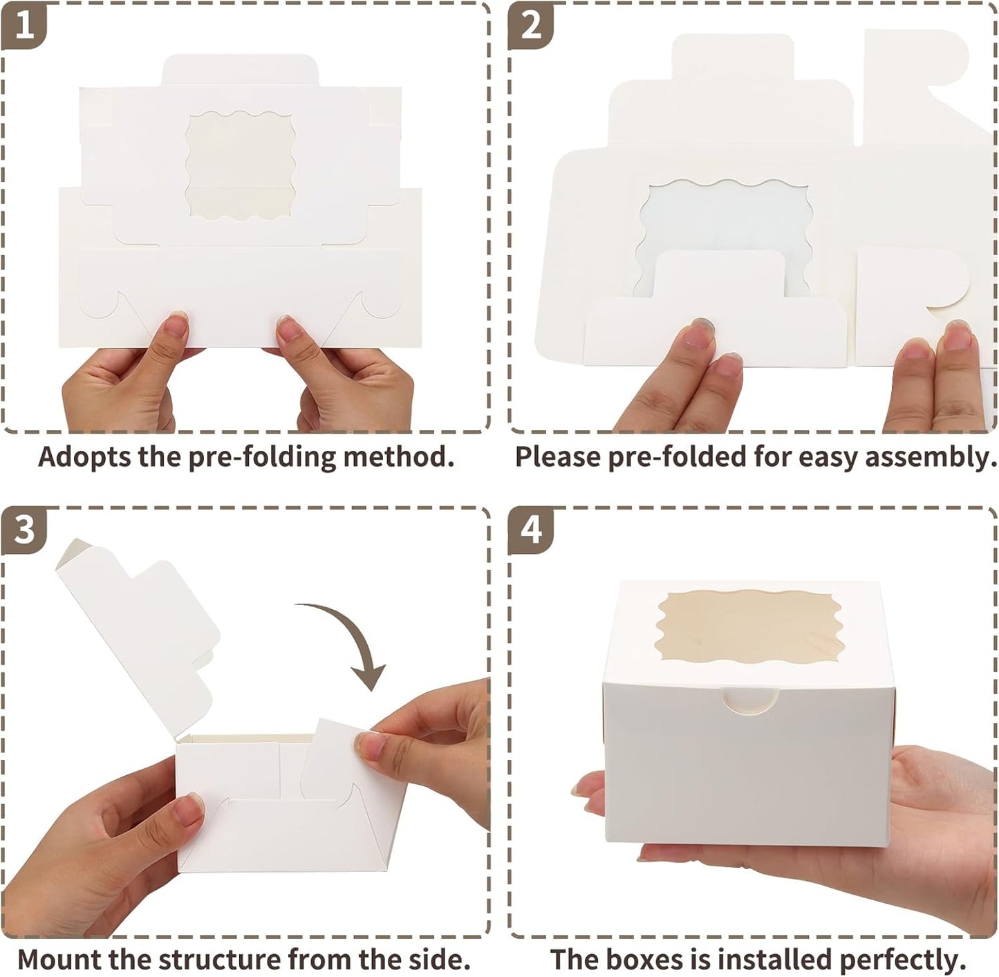 TOMNK 150pcs White Small Cookie Boxes with Window,4x4x2.5 Inch Small Bakery Boxes, 3 Style, Cookie Boxes Bulk for Dessert, Chocolate Strawberries Donuts and Party Favor