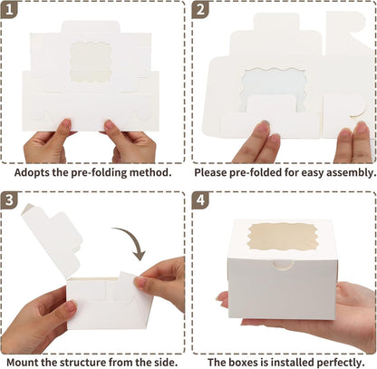 TOMNK 150pcs White Small Cookie Boxes with Window,4x4x2.5 Inch Small Bakery Boxes, 3 Style, Cookie Boxes Bulk for Dessert, Chocolate Strawberries Donuts and Party Favor