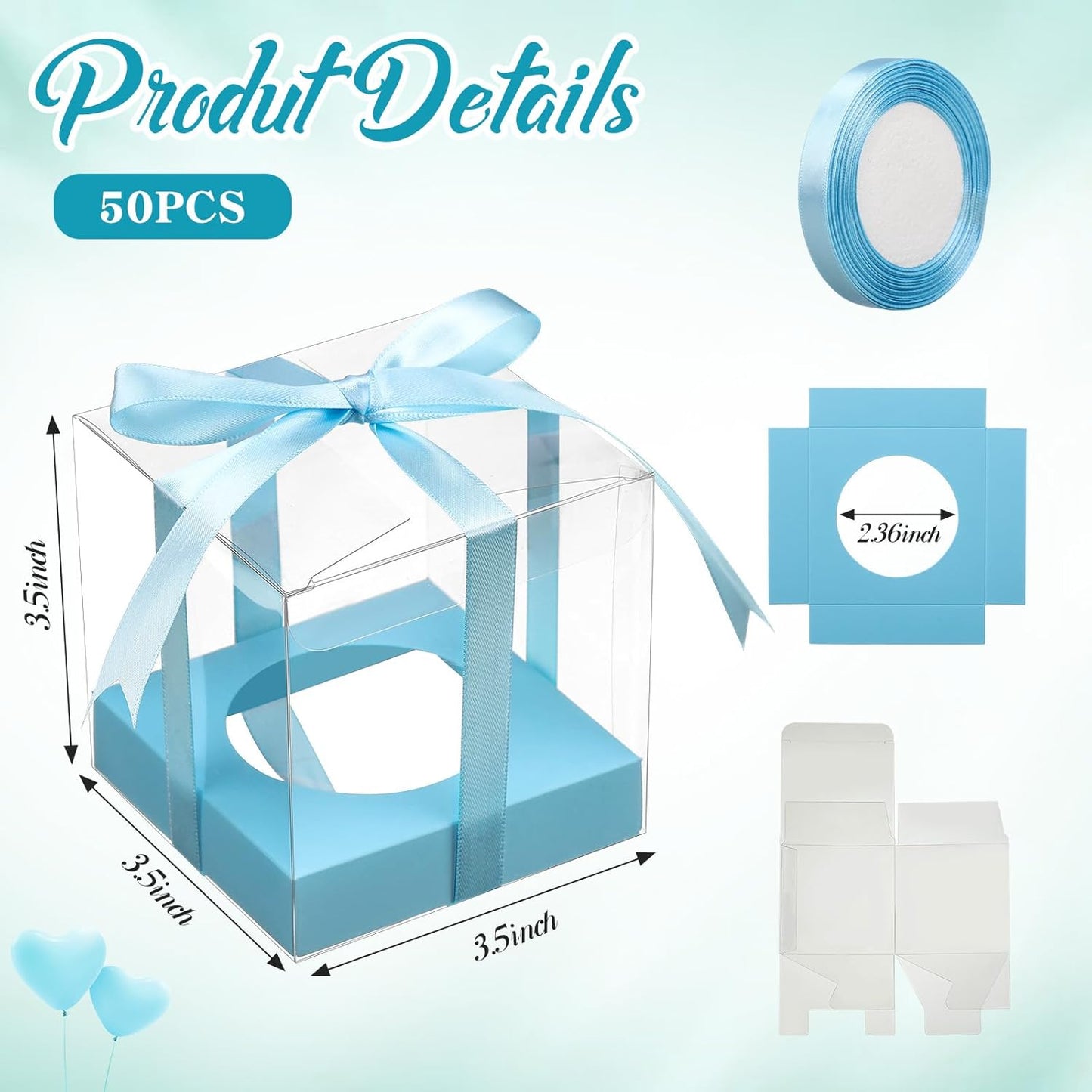 Thenshop 50 Pcs Clear Cupcake Boxes Individual 3.5 Inch Plastic Single Cupcake Containers Boxes with Inserts and Ribbon Individual Cake Storage Holders for Cake Kitchen(Dark Blue)