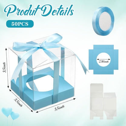 Thenshop 50 Pcs Clear Cupcake Boxes Individual 3.5 Inch Plastic Single Cupcake Containers Boxes with Inserts and Ribbon Individual Cake Storage Holders for Cake Kitchen(Dark Blue)
