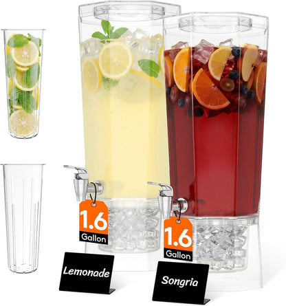 Lifewit 1 Gallon Drink Dispenser for Parties 2 Pcs, Plastic Beverage Container for Juice/Tea/Soda with Stand & Ice Core, Clear Lemonade Dispenser with Spigot, BPA Free Water Pitcher 39 x 16 cm/15x6"