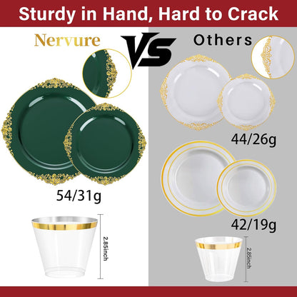 Nervure 350PCS Gold Plastic Plates - Gold Plastic Dinnerware Sets for 50 Guests - 100 Disposable Plates, 150 Silverware, 50 Cups, 50 Napkins for Wedding & Party & Mothers Day