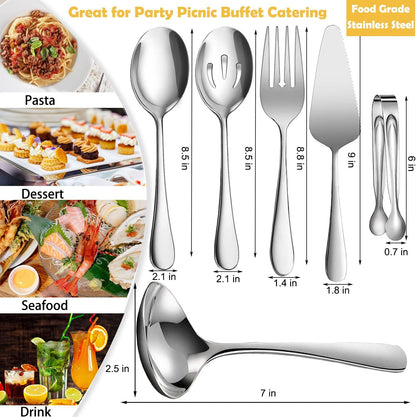 11 PCS Serving Utensils, Large Stainless Steel Spoons Forks Tongs, Pie Server, Great for Hostess Buffet Catering Banquet Party, Silver