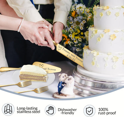 HJX Personalized Wedding Cake Knife and Server Set with Champagne Flutes, Custom Name Text Toasting Glasses for Bride and Groom, Cake Cutting Set Ideal Wedding Engagement Bridal Shower Gift