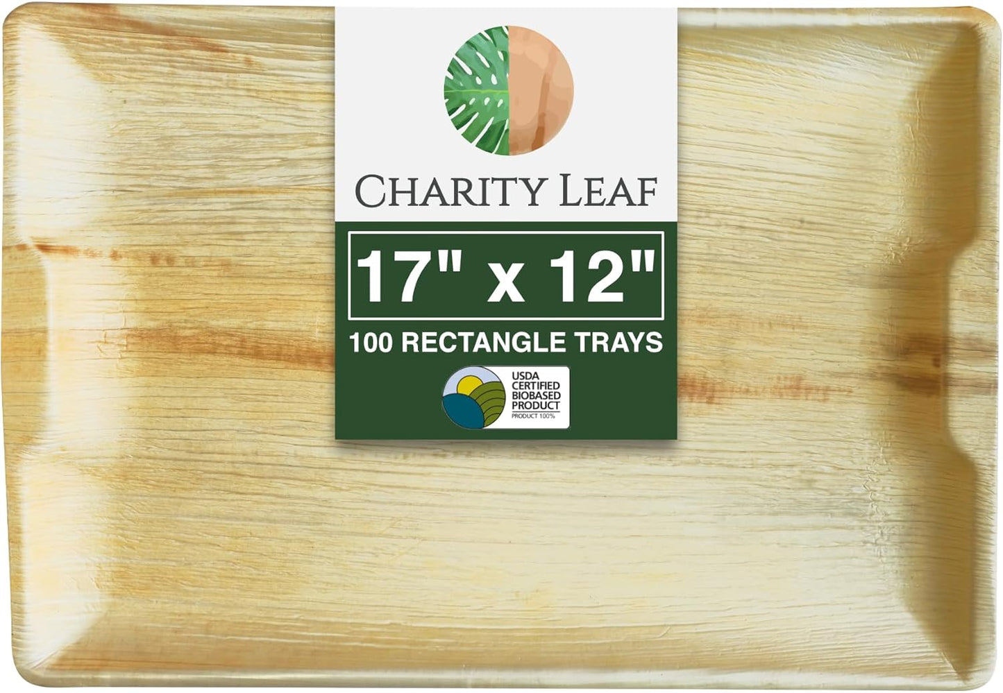 Charity Leaf Disposable Palm Leaf 17" x 12" Rectangle Trays (10 Pieces) Bamboo Like Serving Platters, Disposable Boards, Eco-Friendly Dinnerware for Weddings, Catering, Events