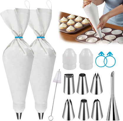 Reusable Piping Bags and Tips Set – 16" Pastry Bags for Cake Decorating, Cupcakes & Cookies with Frosting Tips – Leak-Proof Cotton Icing Bags, Eco-Friendly Baking Kit for Home Bakers & Beginners