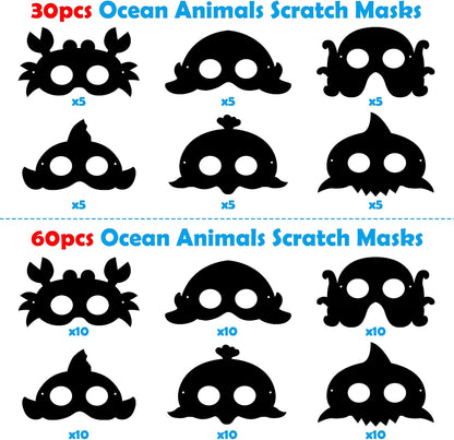WATINC 30pcs Ocean Animals Scratch Masks for Kids, 6 Styles Summer Paper Scratch off Art Magic Craft Party Favors Kit, DIY Under The Sea Project for School Classroom Activity Birthday Party