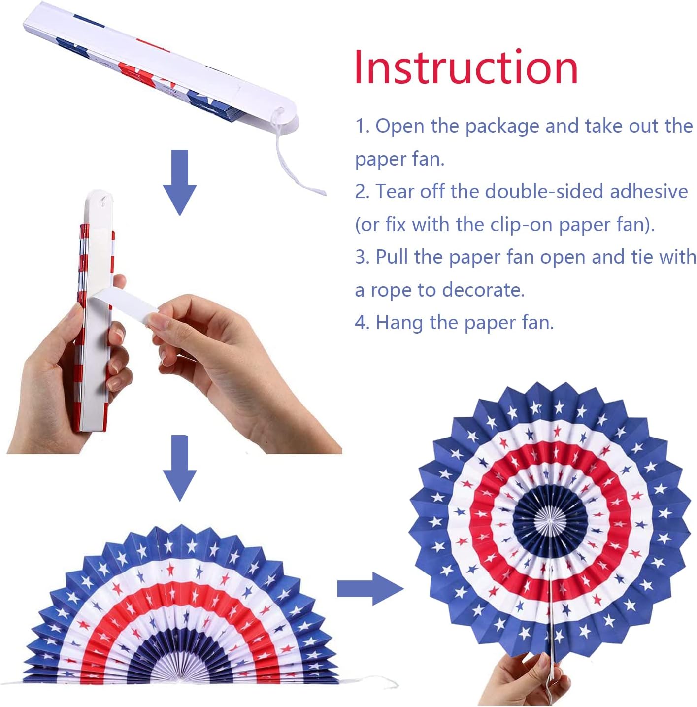 4th of July Patriotic Decorations Red White Blue Hanging Paper Fans for American Fourth of July Memorial Day Independence Day Veterans Day Party Decor Supplies Set of 12