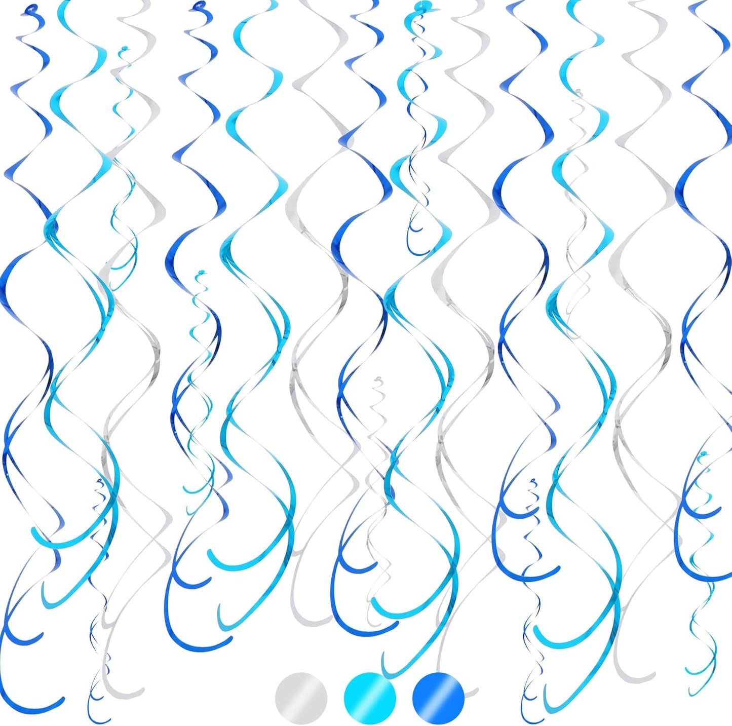 BEISHIDA Blue Blue Silver Hanging Swirls Party Decorations Plastic Streamer for Ceiling, Birthday Hanging Party Supplies, Pack of 30