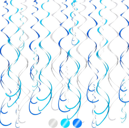 BEISHIDA Blue Blue Silver Hanging Swirls Party Decorations Plastic Streamer for Ceiling, Birthday Hanging Party Supplies, Pack of 30