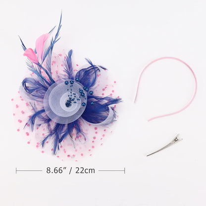 DRESHOW Fascinators Hat Flower Mesh Ribbons Feathers on a Headband and a Clip Tea Party Headwear for Girls and Women - Colors B