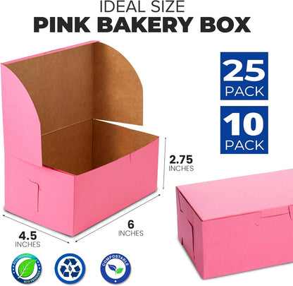 Fit Meal Prep [25 Pack] Pink Bakery Boxes 8x8x4 Pastry Box for Cupcakes, Desserts, Cookies, Candies Ideal Packaging for Bakeries and Home-made Baked Goods, Favors, and Gifts