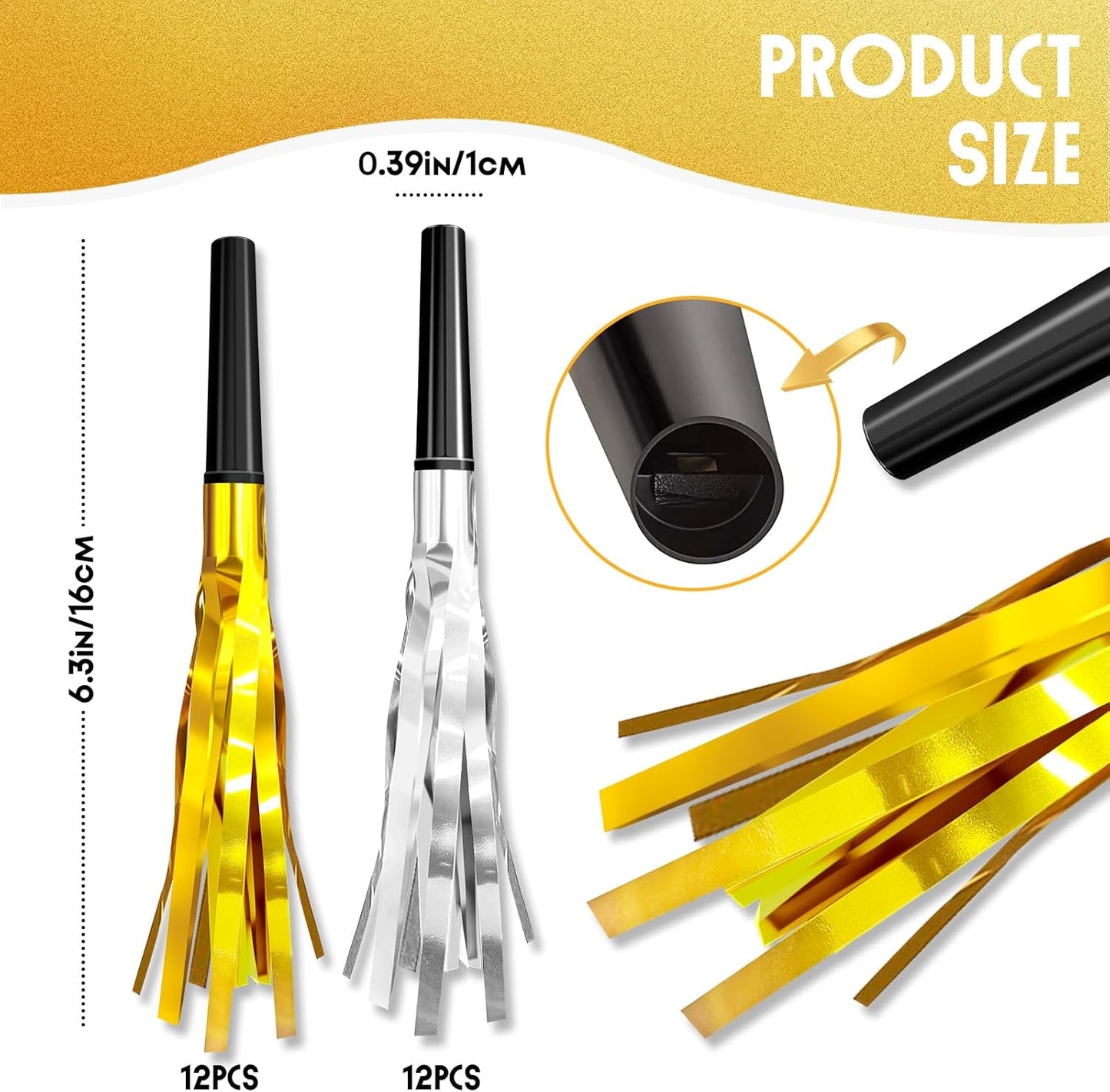24-Pack Gold and Silver Noise Makers | Elegant Glitter & Metallic Fringed Party Blowers for Adult Events – Birthday, Graduation, Sports & New Year’s Favors