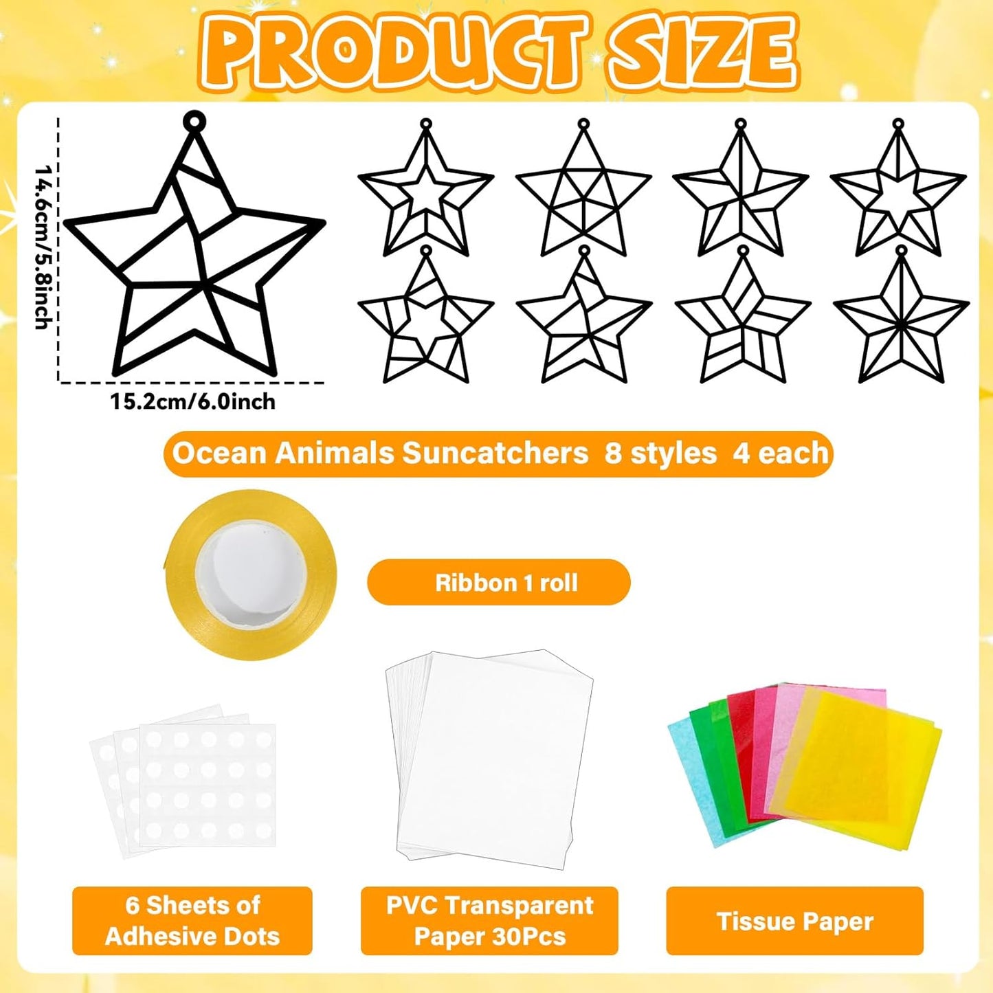 QOUBAI 32 Sets Stars Suncatchers Craft Back to School DIY Stained Glass Window Patriotic 4th of July Paper Craft Home School Classroom Decor Kid Birthday Gift Creative Art Activity Game - Colors A